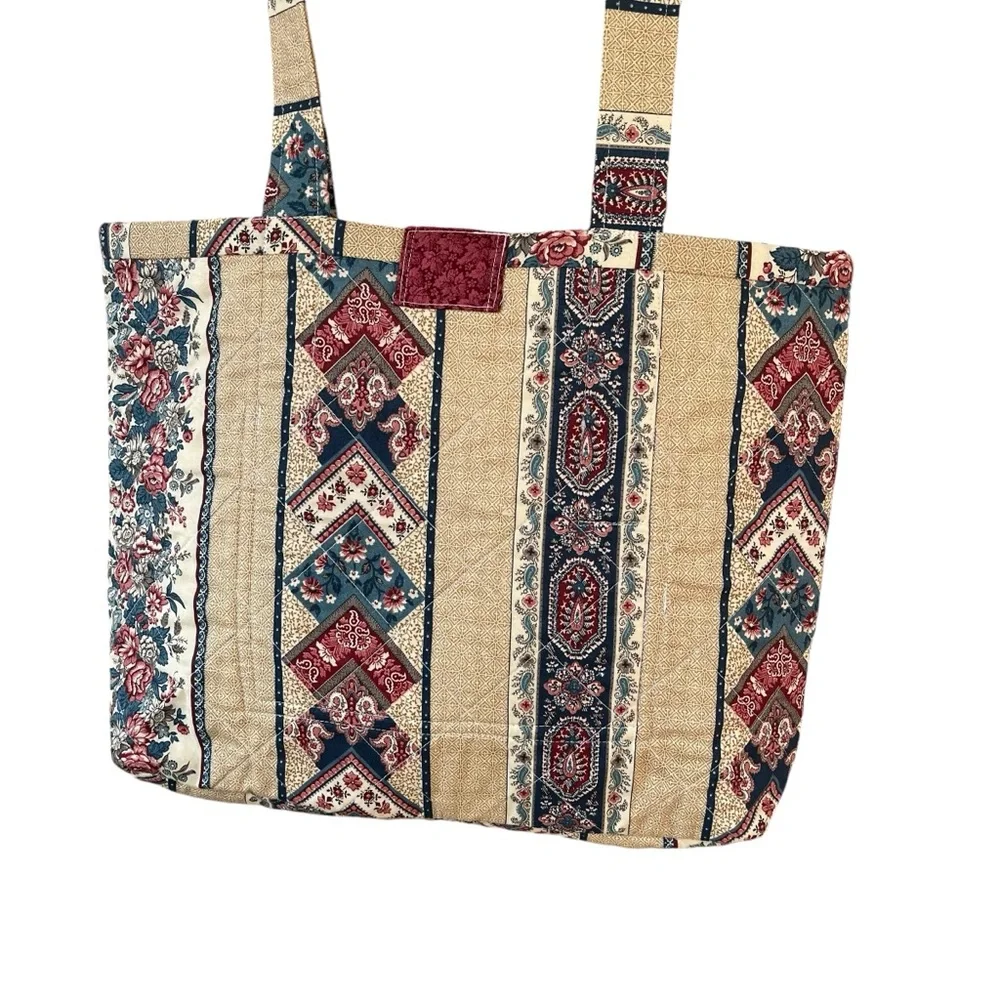 Vintage 90s handmade quilted floral stripe tote bag pink blue cream